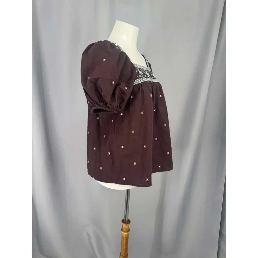 Madewell Tops Womens XS Brown Embroidered Puff Sleeve Boho Cottagecore Peasant